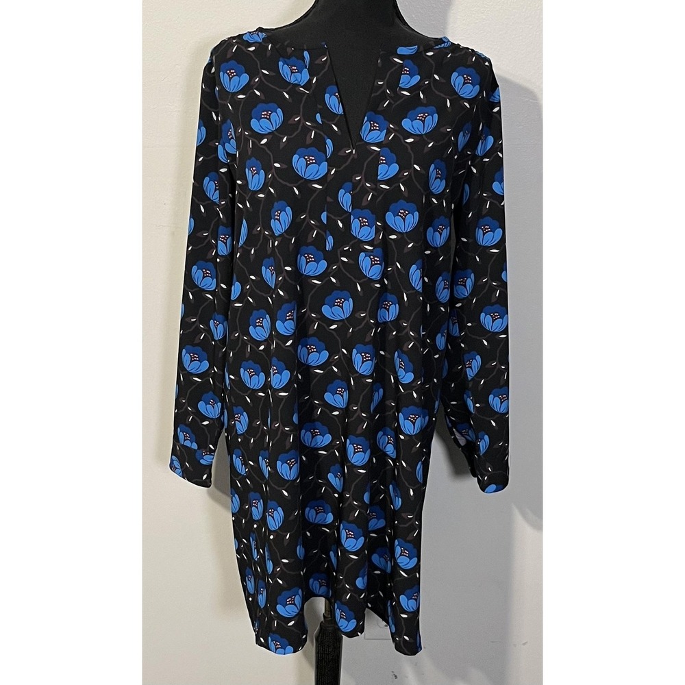 LOFT Dress Womens Medium Black Blue Floral V Neck Long Sleeve Shift Knit Work